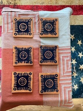 Handmade Terracotta Coasters Set of 6 - Navy Design on Natural Clay